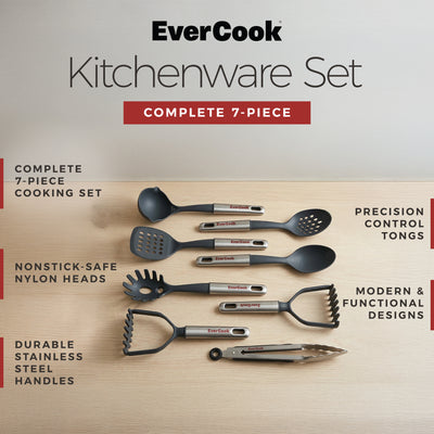 EverCook 7-Piece Kitchen Utensil Set with Stainless Steel Handles, Black/Silver
