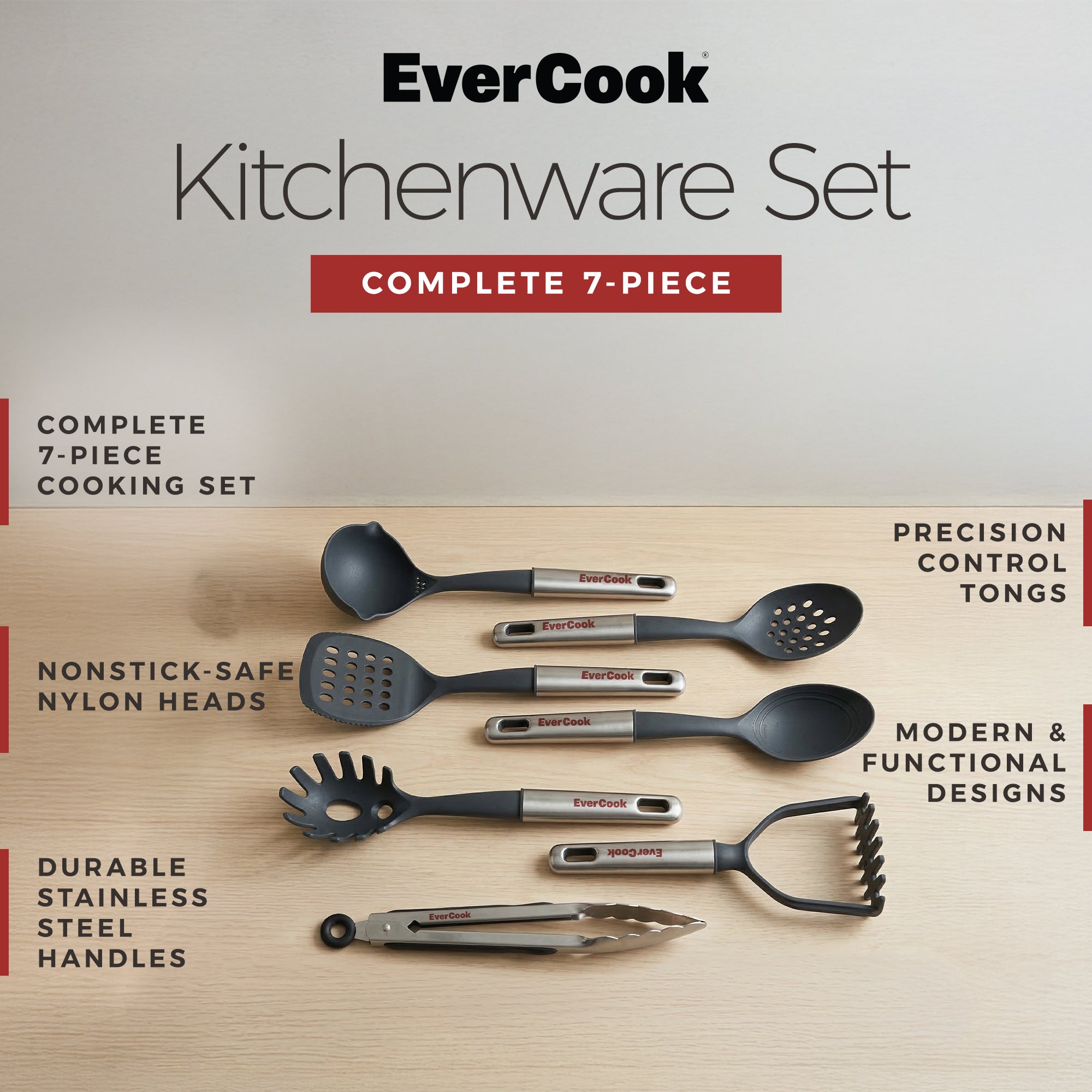 EverCook 7-Piece Kitchen Utensil Set with Stainless Steel Handles, Black/Silver