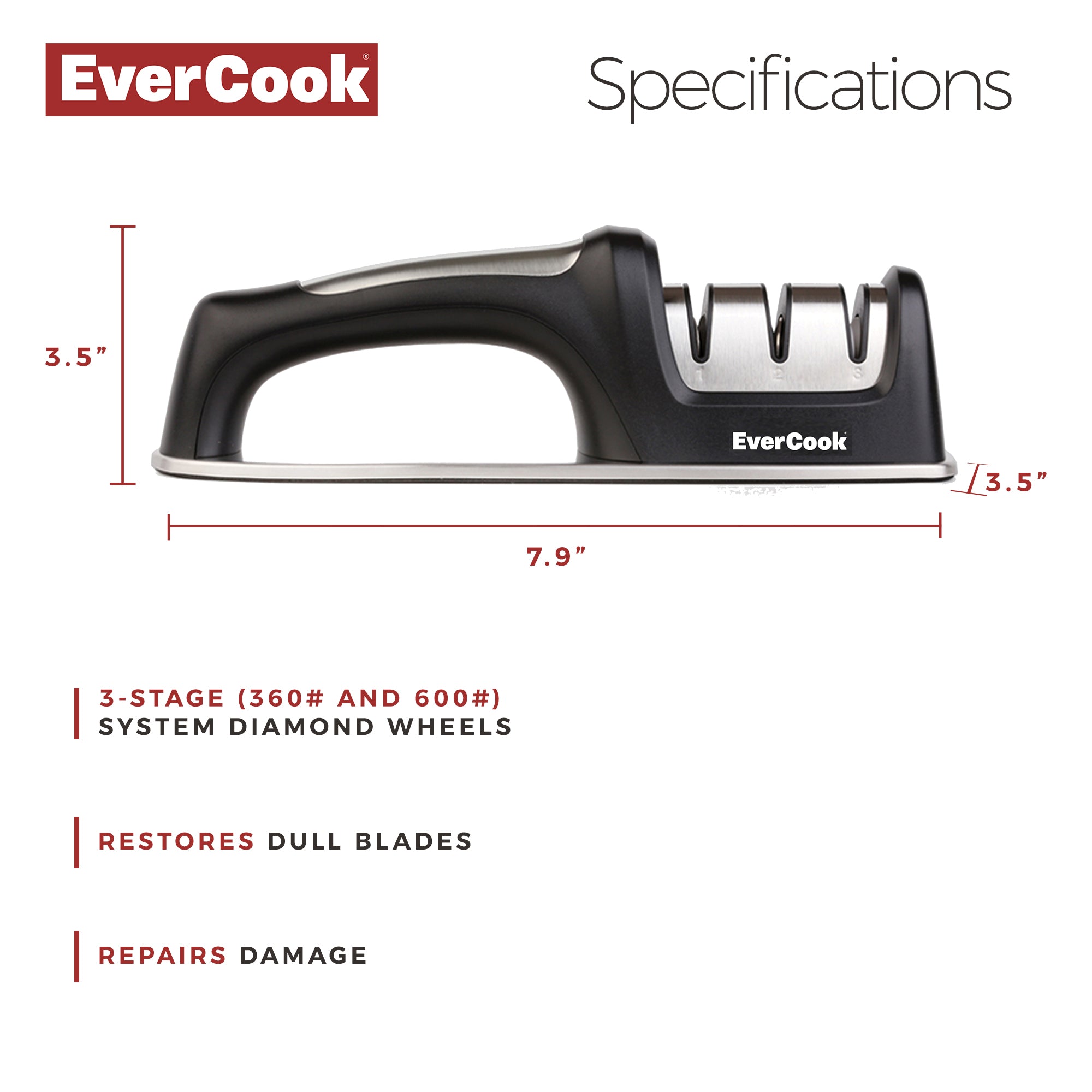 EverCook Precision Knife Sharpener for Kitchen Knives, 3-Stage Diamond Wheels - VMInnovations