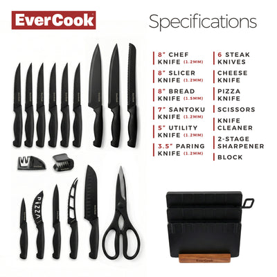 EverCook 18-Piece Knife Block Set, Nonstick Coated Blades, Black PP Handles - VMInnovations