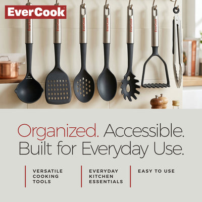 EverCook 7-Piece Kitchen Utensil Set with Stainless Steel Handles, Black/Silver