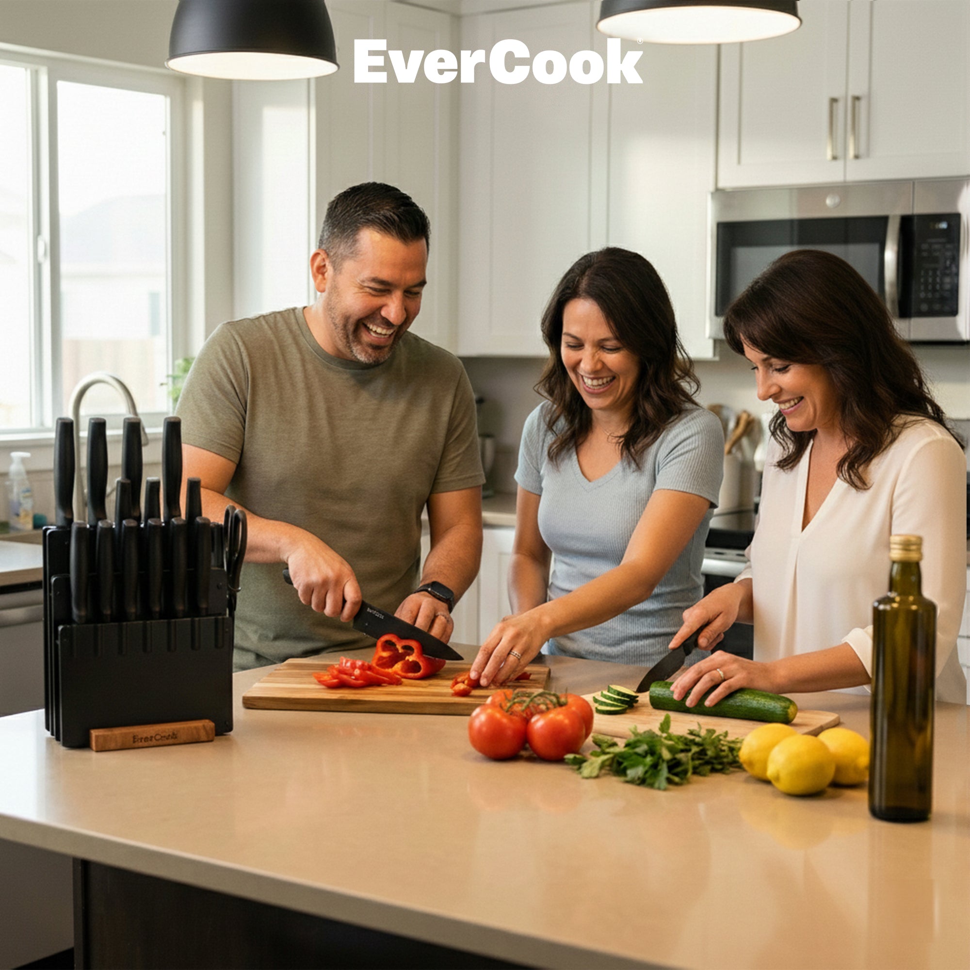 EverCook 18-Piece Knife Block Set, Nonstick Coated Blades, Black PP Handles - VMInnovations
