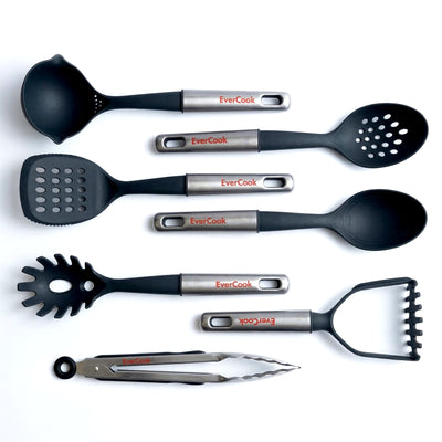 EverCook 7-Piece Kitchen Utensil Set with Stainless Steel Handles, Black/Silver - VMInnovations