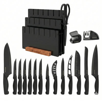EverCook 18-Piece Knife Block Set, Nonstick Coated Blades, Black PP Handles - VMInnovations