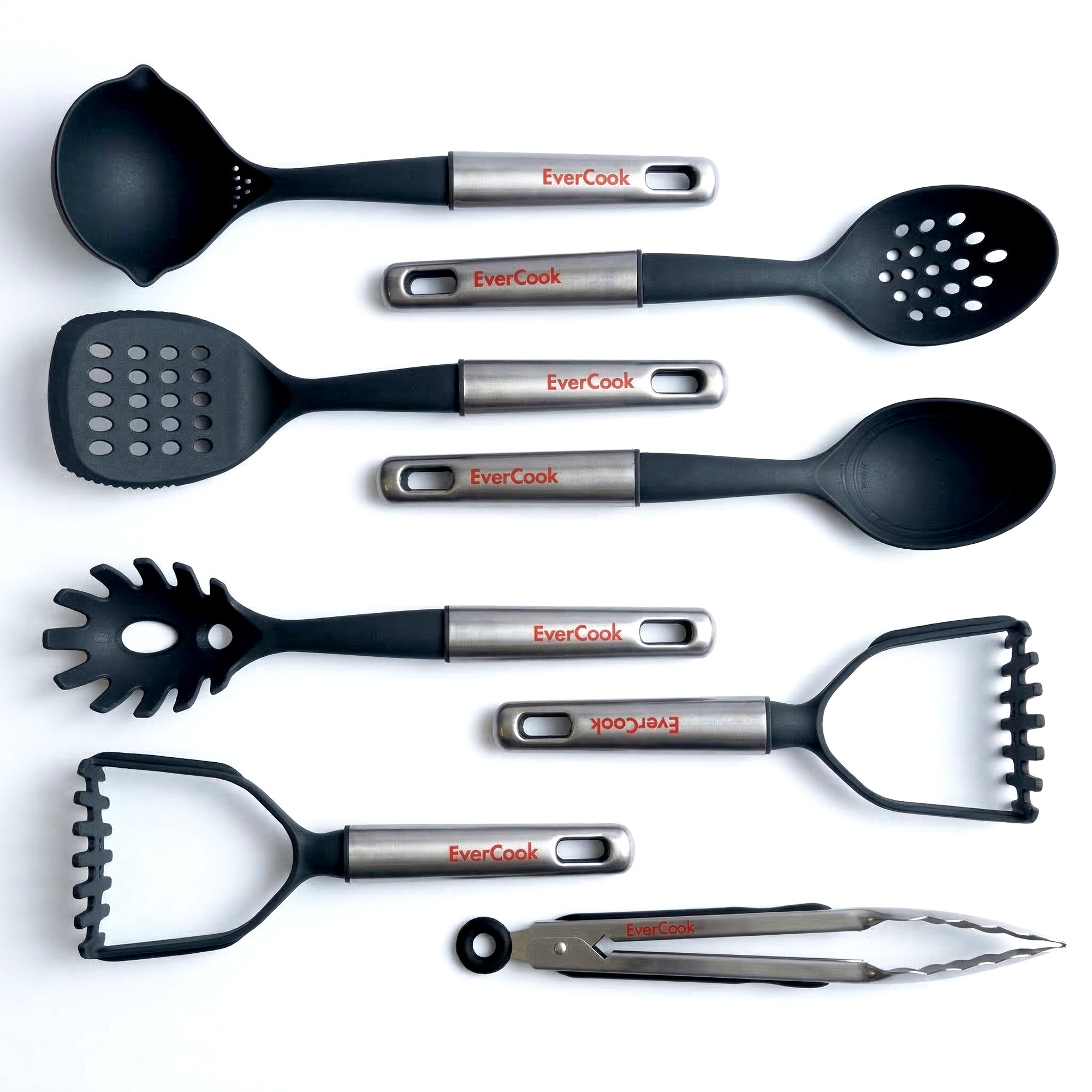 EverCook 7-Piece Kitchen Utensil Set with Stainless Steel Handles, Black/Silver