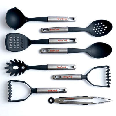 EverCook 7-Piece Kitchen Utensil Set with Stainless Steel Handles, Black/Silver