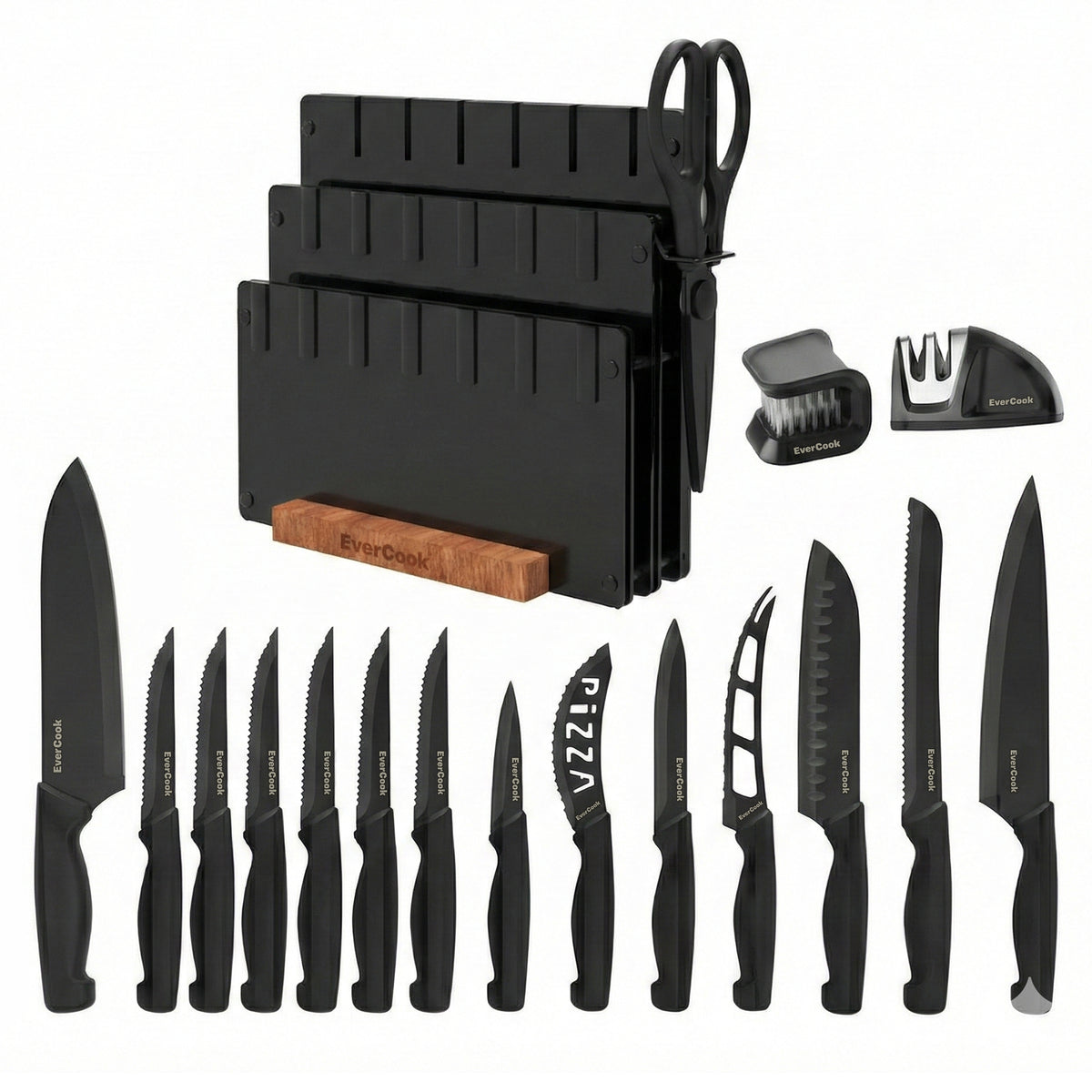EverCook 18-Piece Knife Block Set, Nonstick Coated Blades, Black PP Handles