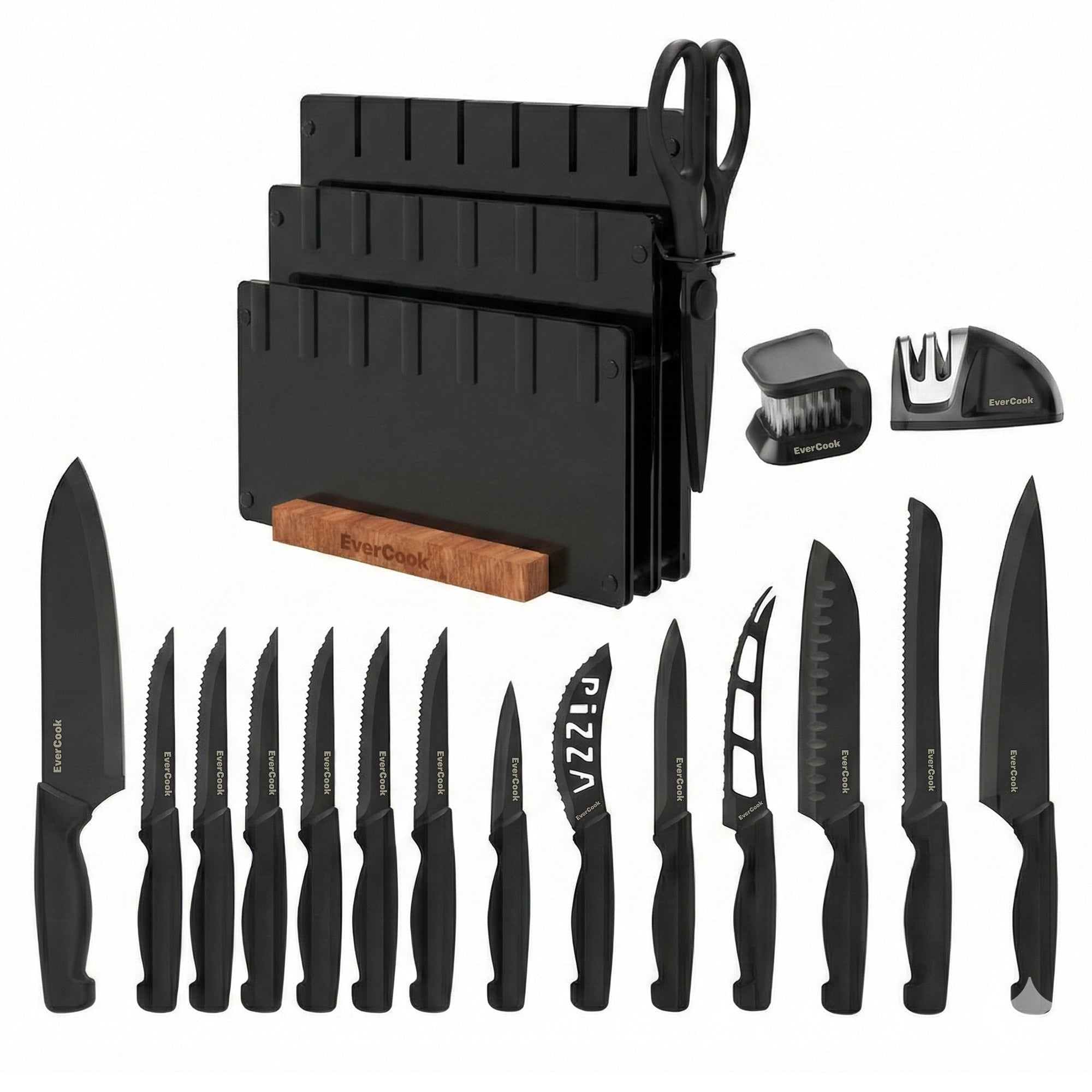 EverCook 18-Piece Knife Block Set, Nonstick Coated Blades, Black PP Handles