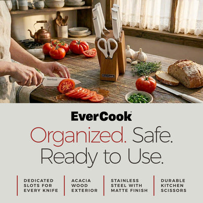 EverCook 8Pc Knife Block Set, Stainless Blade, White Handle, Acacia Wood Block - VMInnovations