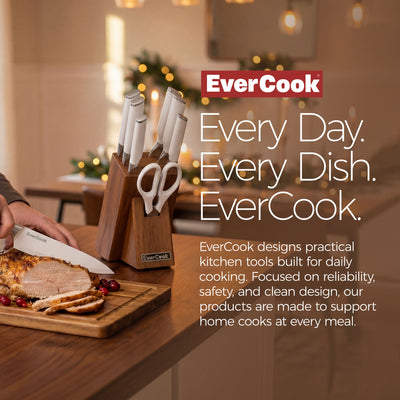 EverCook 8Pc Knife Block Set, Stainless Blade, White Handle, Acacia Wood Block - VMInnovations