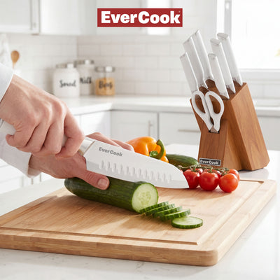 EverCook 8Pc Knife Block Set, Stainless Blade, White Handle, Acacia Wood Block - VMInnovations