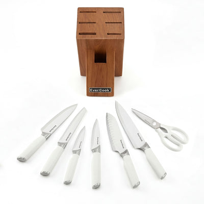 EverCook 8Pc Knife Block Set, Stainless Blade, White Handle, Acacia Wood Block - VMInnovations