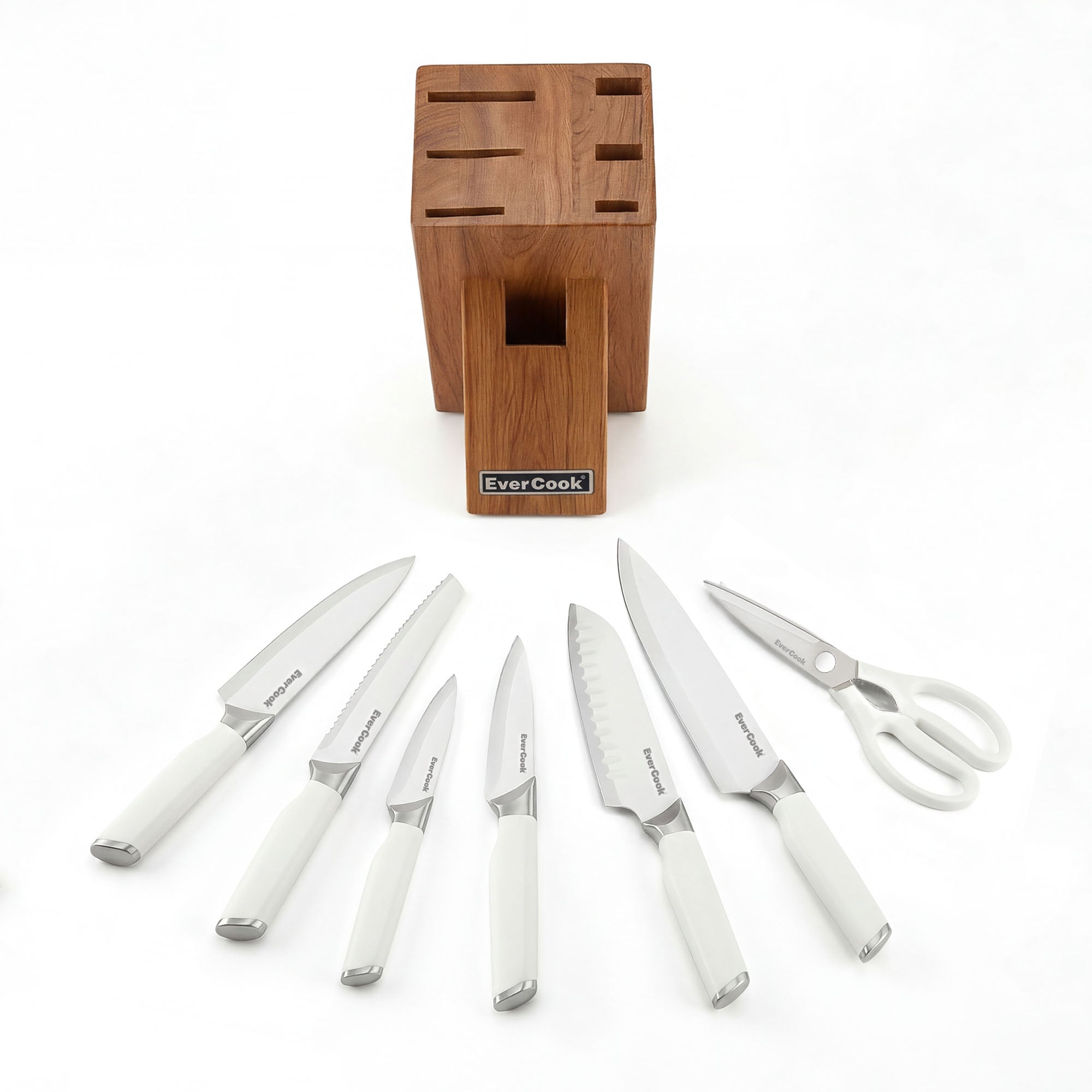 EverCook 8Pc Knife Block Set, Stainless Blade, White Handle, Acacia Wood Block - VMInnovations