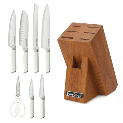 EverCook 8Pc Knife Block Set, Stainless Blade, White Handle, Acacia Wood Block - VMInnovations