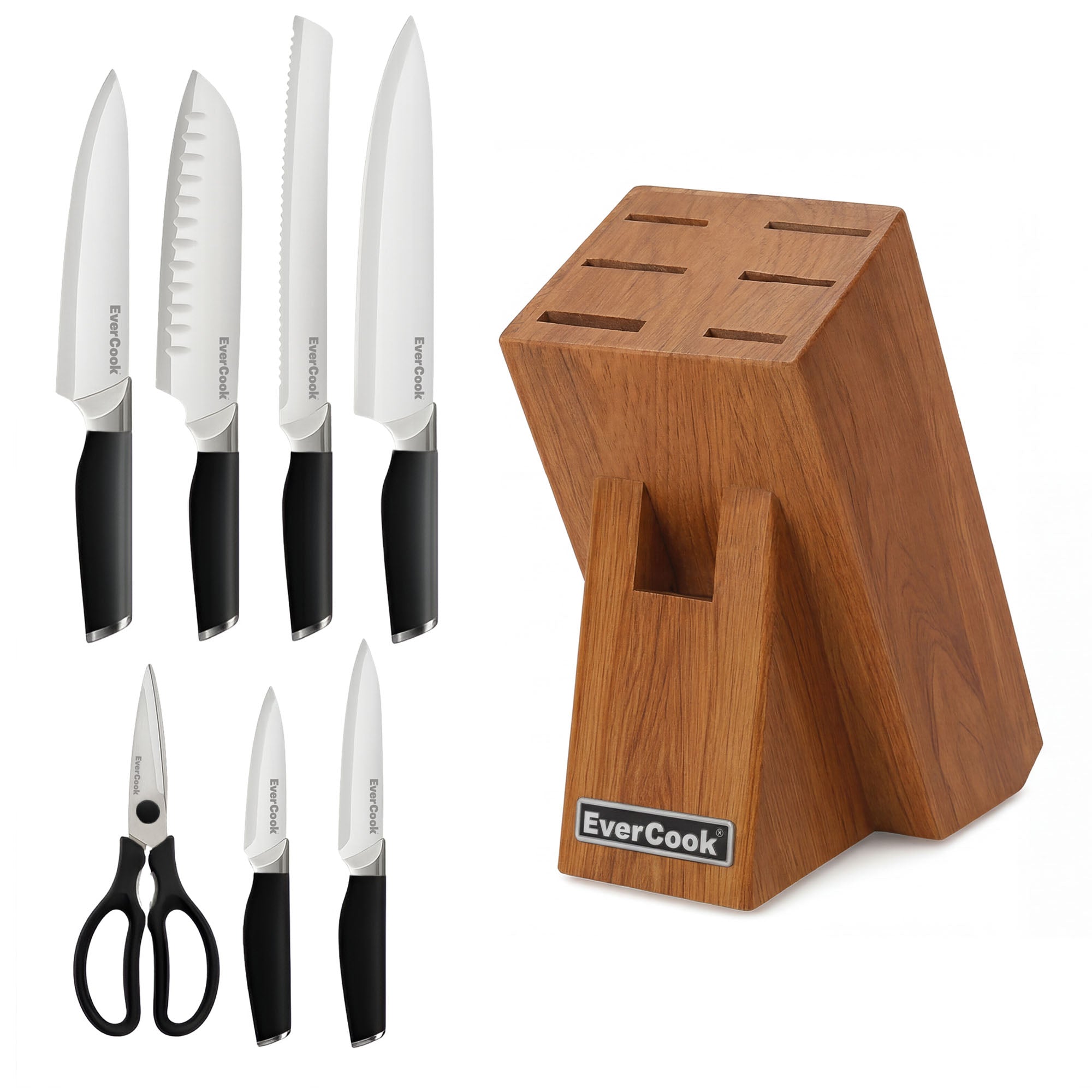 EverCook 8Pc Knife Block Set, Stainless Blade, Black Handle, Acacia Wood Block
