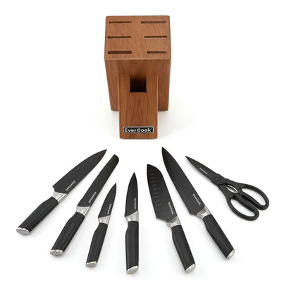 EverCook 8Pc Knife Block Set, Black Matte Blade, Black Handle, Acacia Wood Block - VMInnovations