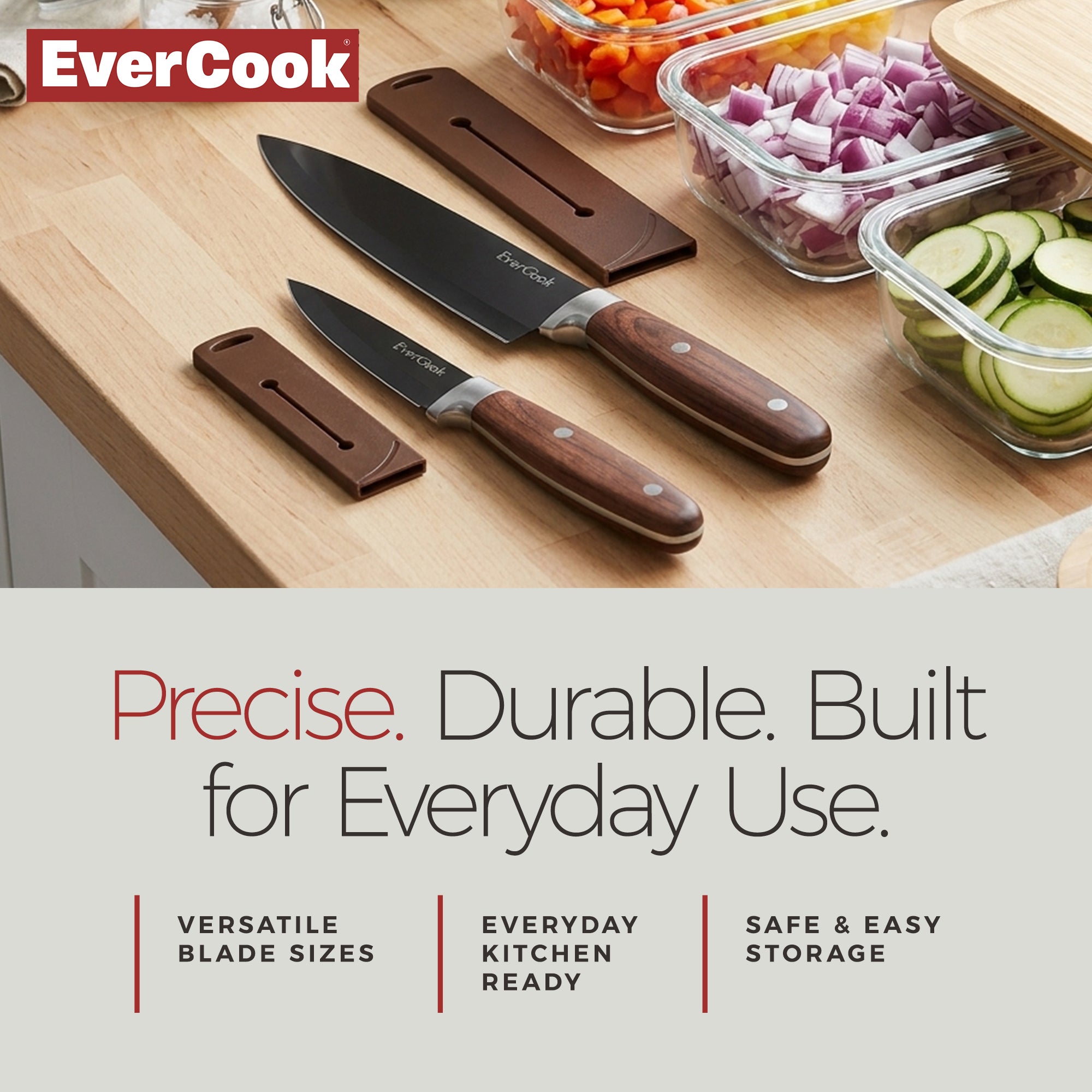 EverCook 4Pc Kitchen Knife Set w/ Blade Sheaths, 1.5/2 mm Black Stainless Steel