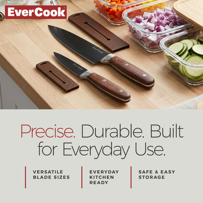 EverCook 4Pc Kitchen Knife Set w/ Blade Sheaths, 1.5/2 mm Black Stainless Steel