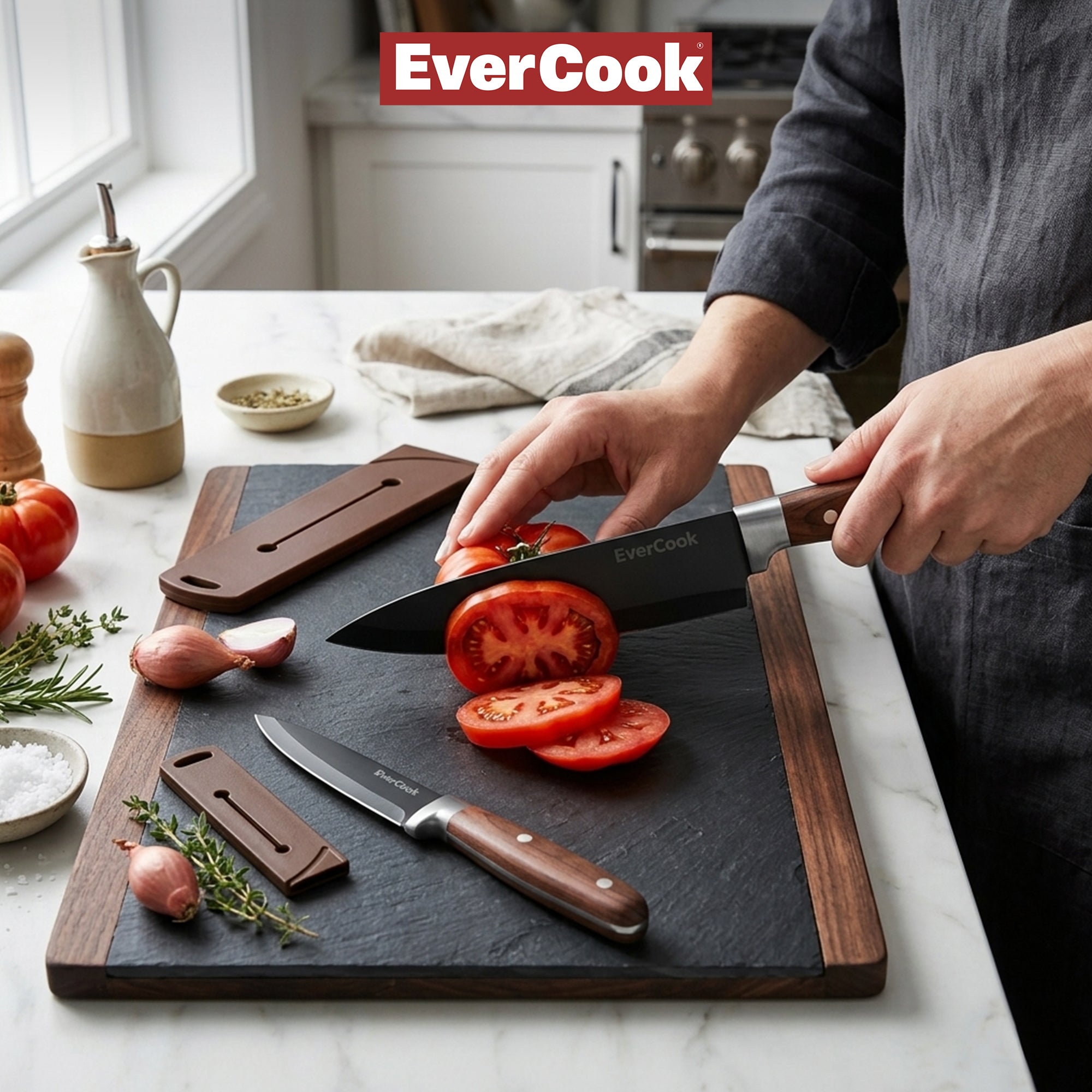 EverCook 4Pc Kitchen Knife Set w/ Blade Sheaths, 1.5/2 mm Black Stainless Steel