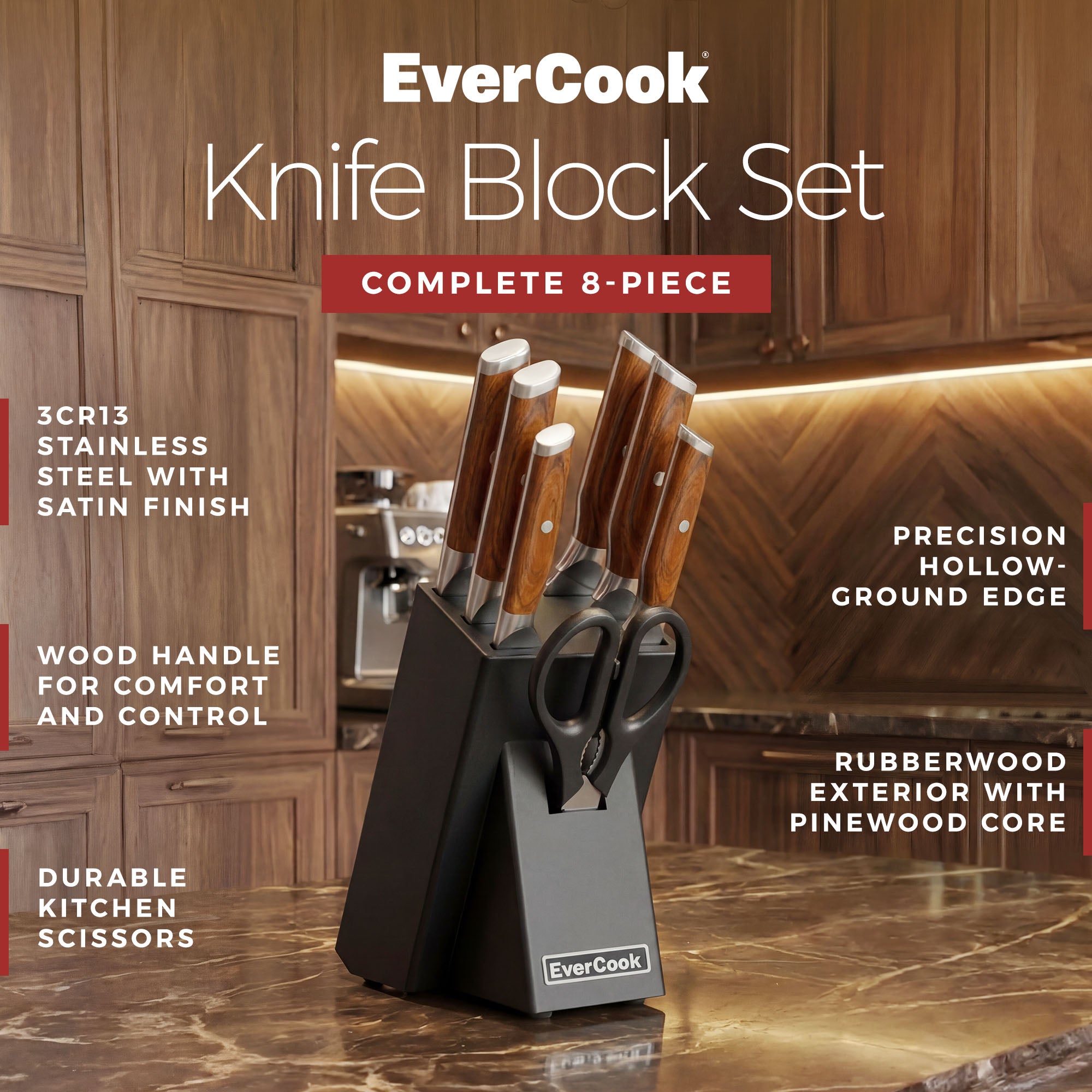 EverCook 8Pc Knife Block Set, Stainless Blade, Wood Handle, Rubberwood Block - VMInnovations