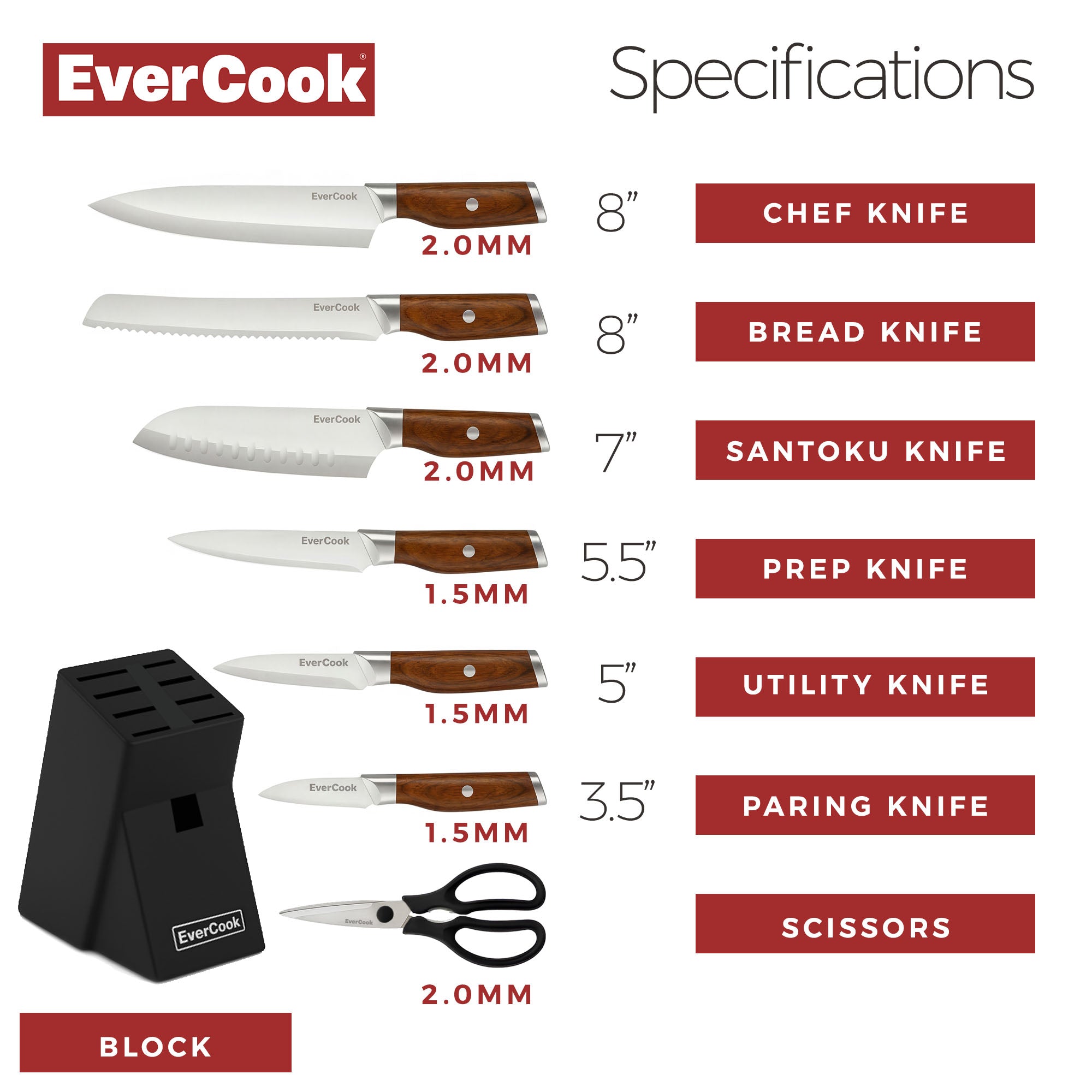 EverCook 8Pc Knife Block Set, Stainless Blade, Wood Handle, Rubberwood Block - VMInnovations