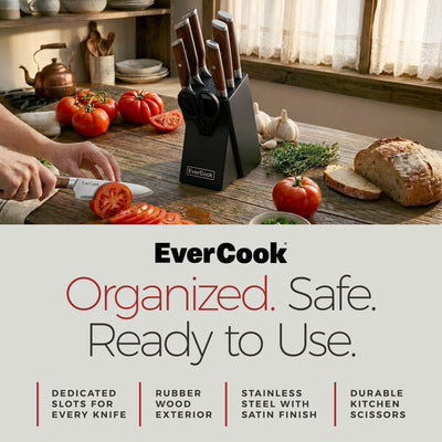EverCook 8Pc Knife Block Set, Stainless Blade, Wood Handle, Rubberwood Block - VMInnovations
