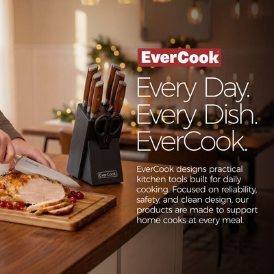 EverCook 8Pc Knife Block Set, Stainless Blade, Wood Handle, Rubberwood Block - VMInnovations