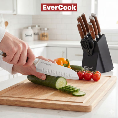 EverCook 8Pc Knife Block Set, Stainless Blade, Wood Handle, Rubberwood Block - VMInnovations