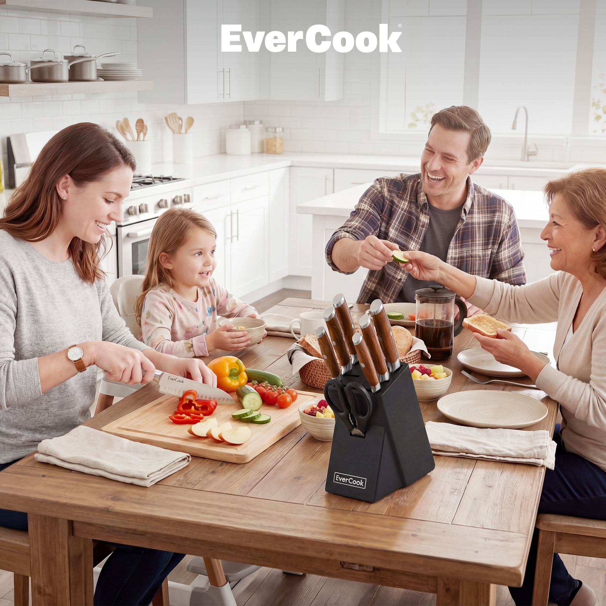 EverCook 8Pc Knife Block Set, Stainless Blade, Wood Handle, Rubberwood Block - VMInnovations