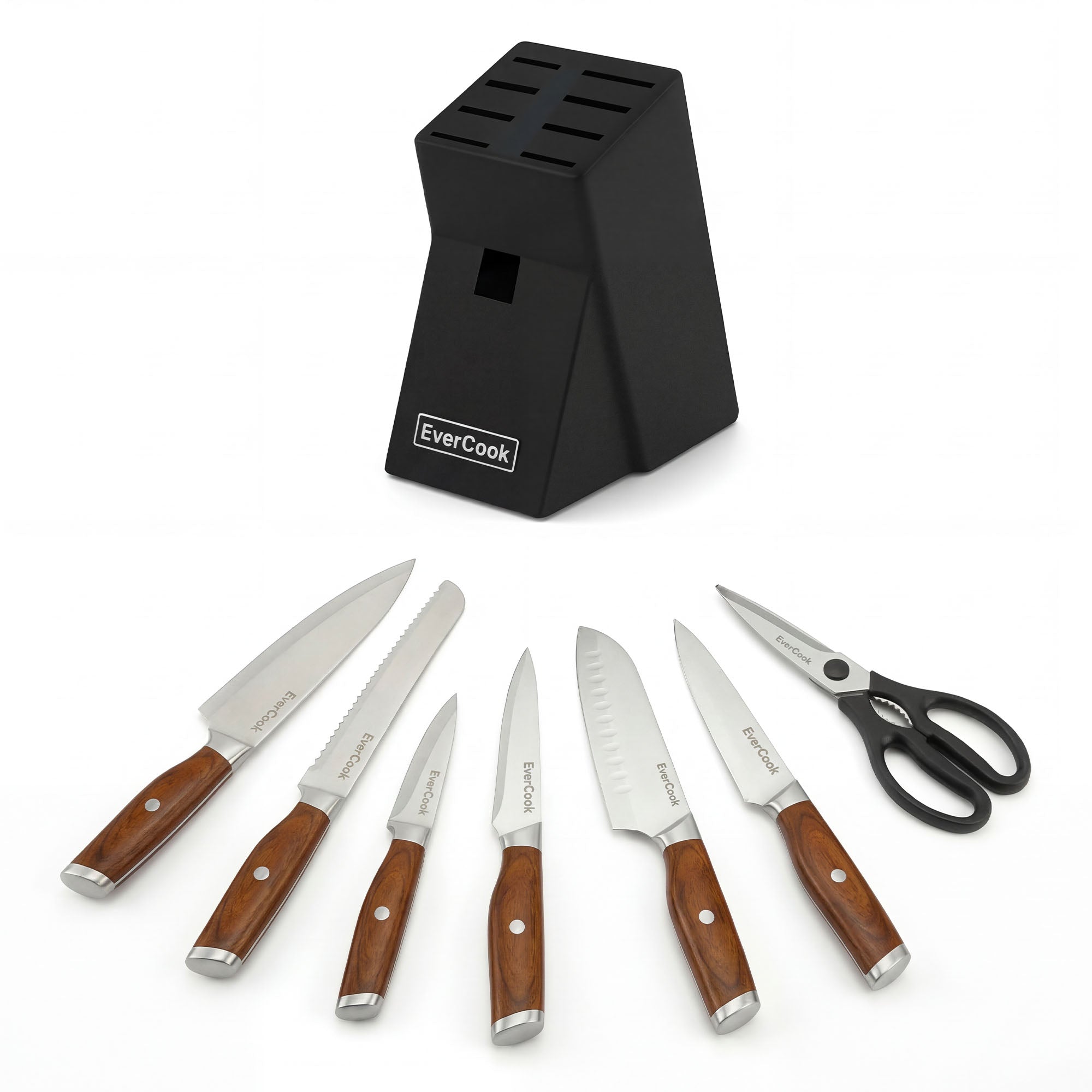EverCook 8Pc Knife Block Set, Stainless Blade, Wood Handle, Rubberwood Block - VMInnovations