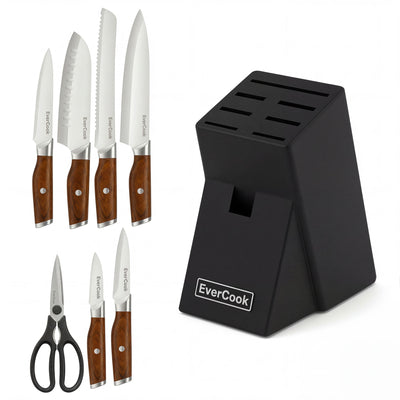 EverCook 8Pc Knife Block Set, Stainless Blade, Wood Handle, Rubberwood Block - VMInnovations