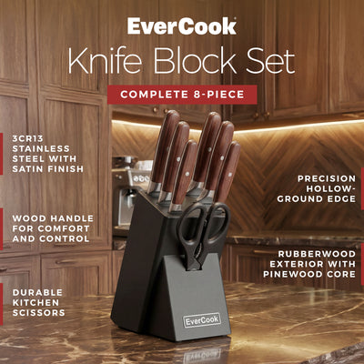 EverCook 8Pc Knife Block Set, Black Matte Blade, Rubberwood Block (Open Box)