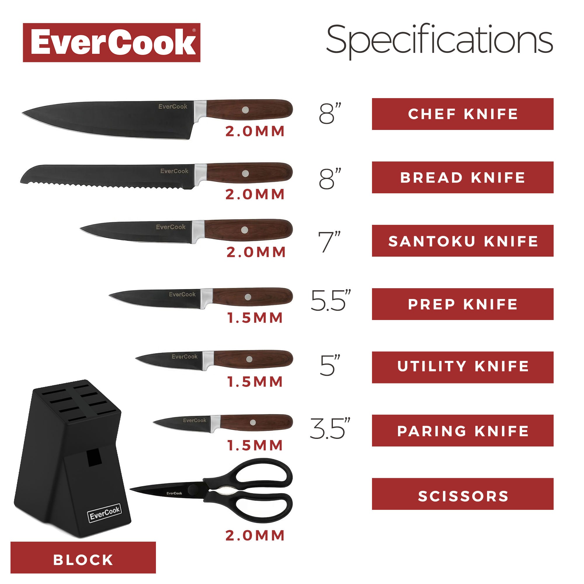 EverCook 8Pc Knife Block Set, Black Matte Blade, Wood Handle, Rubberwood Block - VMInnovations