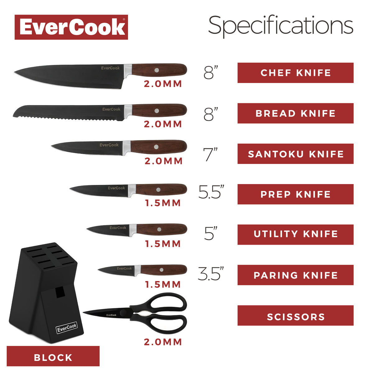 EverCook 8Pc Knife Block Set, Black Matte Blade, Rubberwood Block (Open Box)
