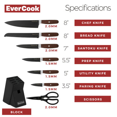 EverCook 8Pc Knife Block Set, Black Matte Blade, Rubberwood Block (Open Box)