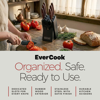 EverCook 8Pc Knife Block Set, Black Matte Blade, Rubberwood Block (Open Box)