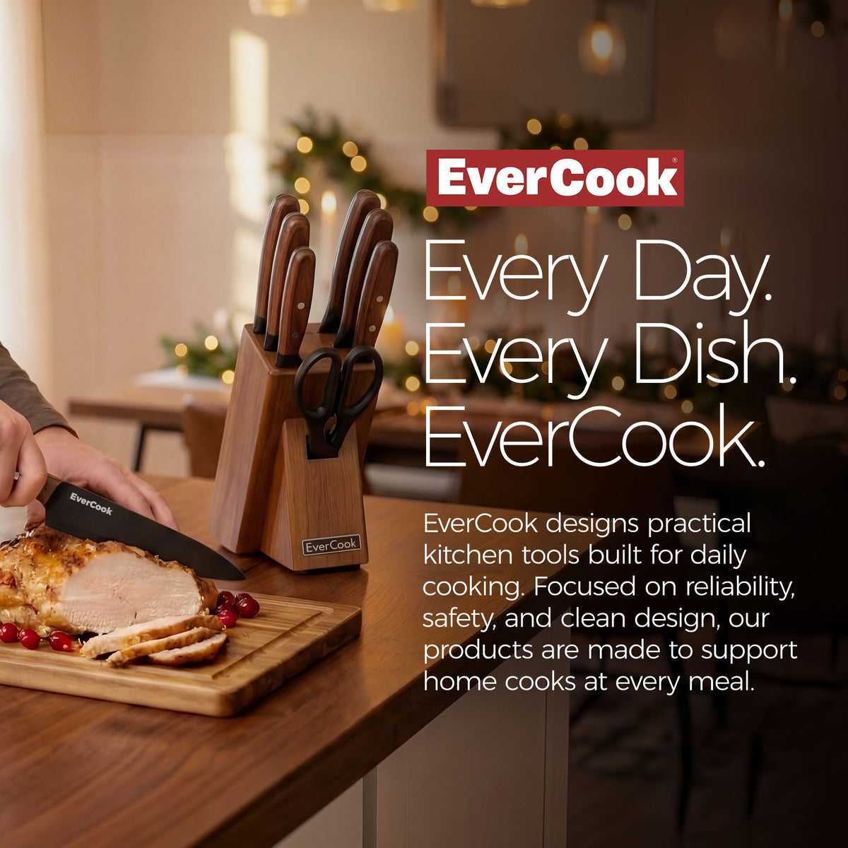EverCook 8Pc Knife Block Set, Black Matte Blade, Rubberwood Block (Open Box)