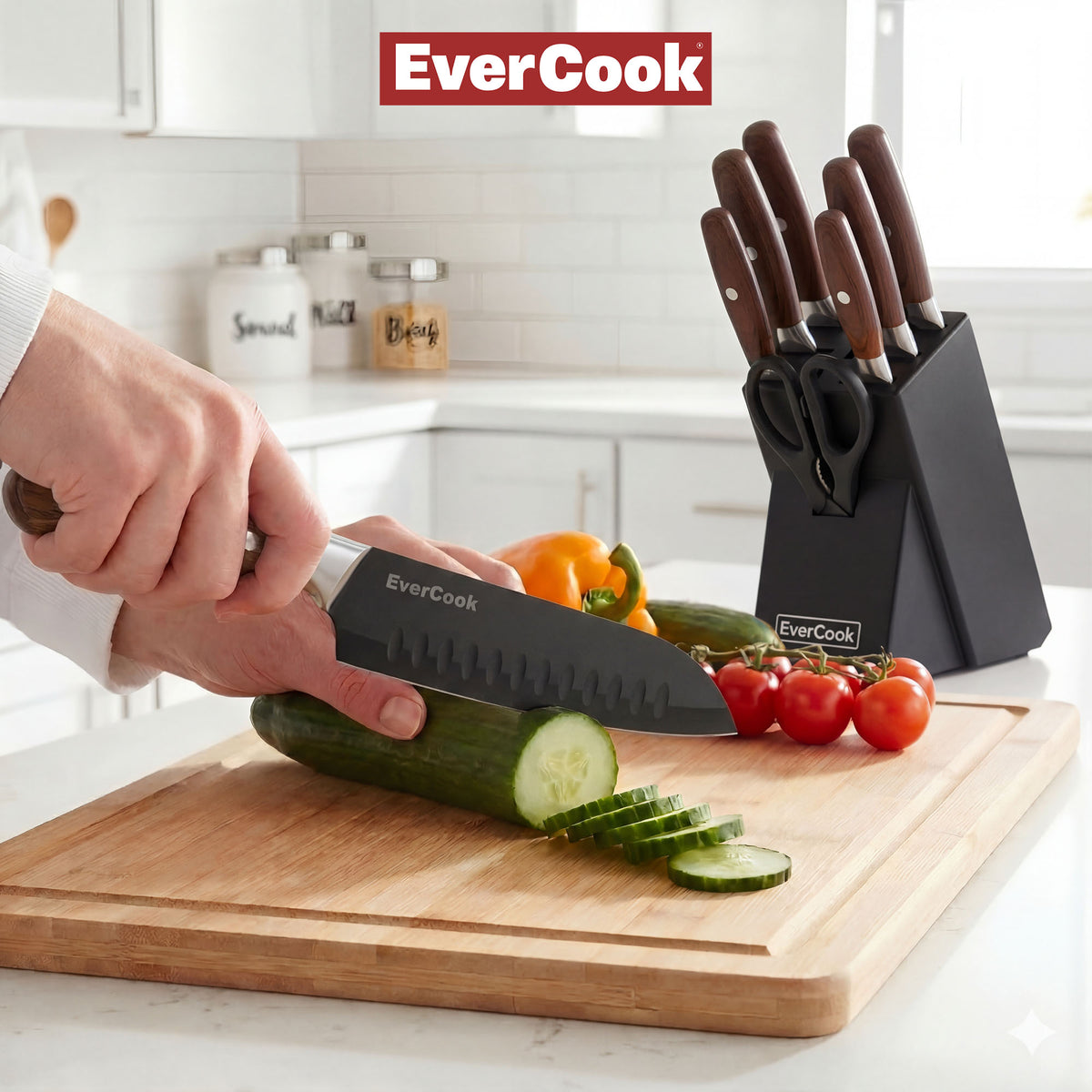 EverCook 8Pc Knife Block Set, Black Matte Blade, Rubberwood Block (Open Box)