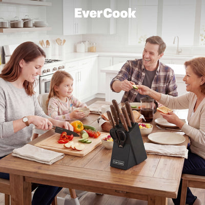 EverCook 8Pc Knife Block Set, Black Matte Blade, Rubberwood Block (Open Box)