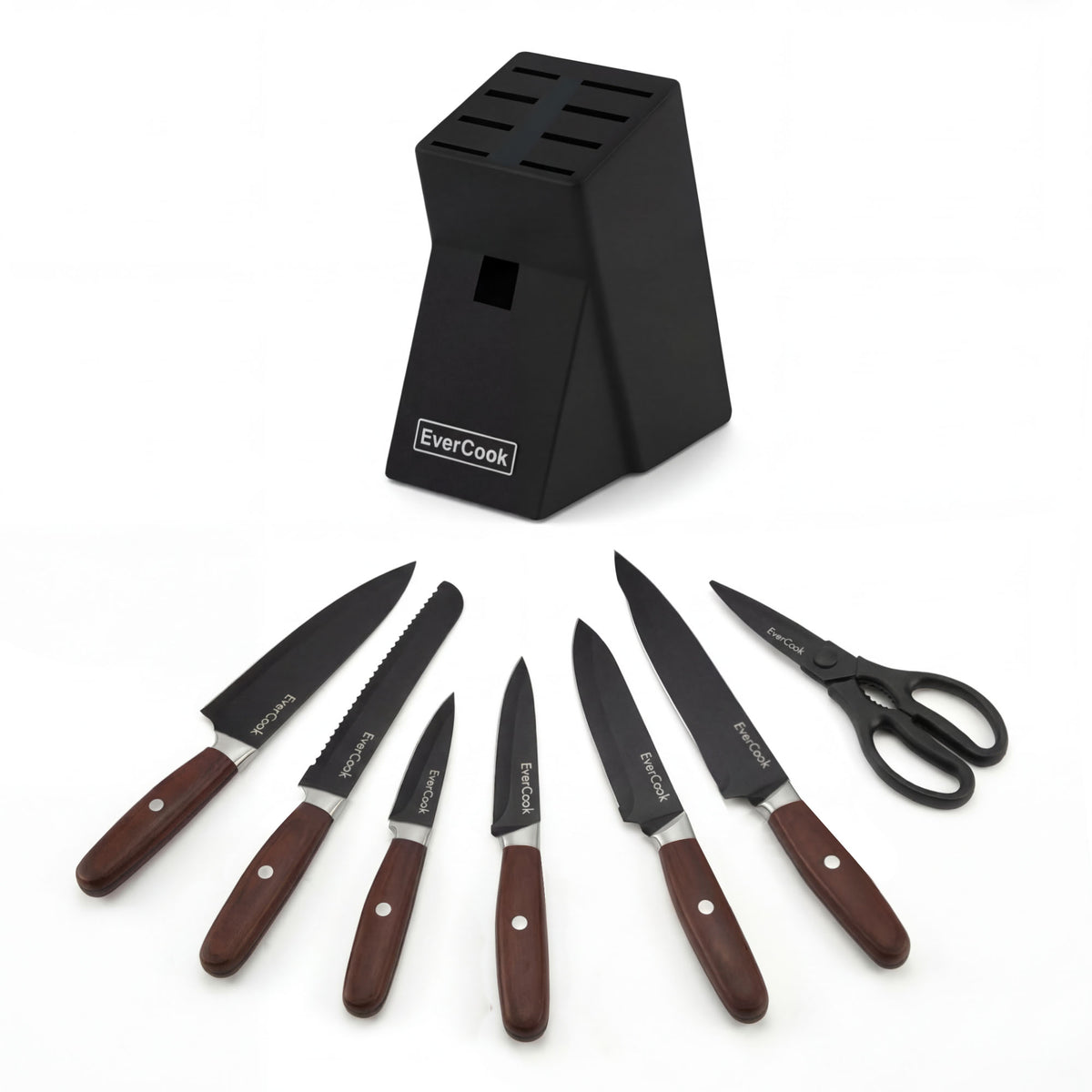 EverCook 8Pc Knife Block Set, Black Matte Blade, Rubberwood Block (Open Box)