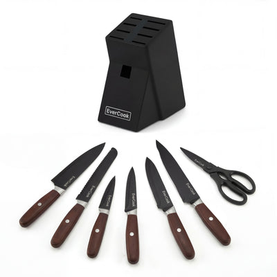 EverCook 8Pc Knife Block Set, Black Matte Blade, Rubberwood Block (Open Box)