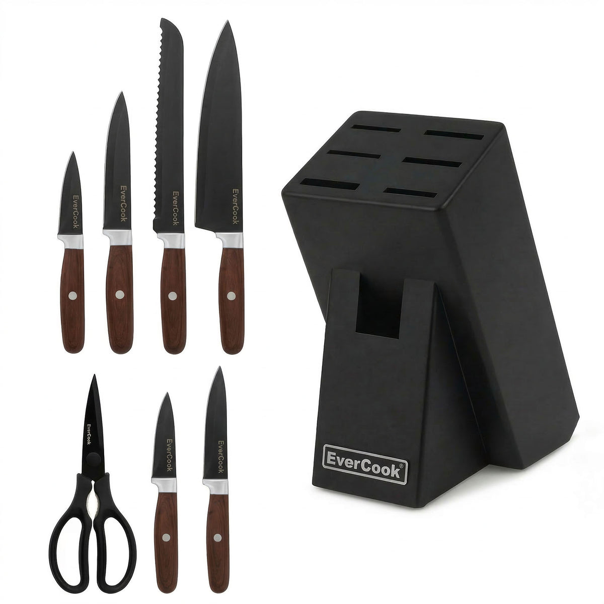 EverCook 8Pc Knife Block Set, Black Matte Blade, Rubberwood Block (Open Box)