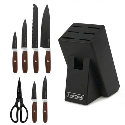 EverCook 8Pc Knife Block Set, Black Matte Blade, Rubberwood Block (Open Box)