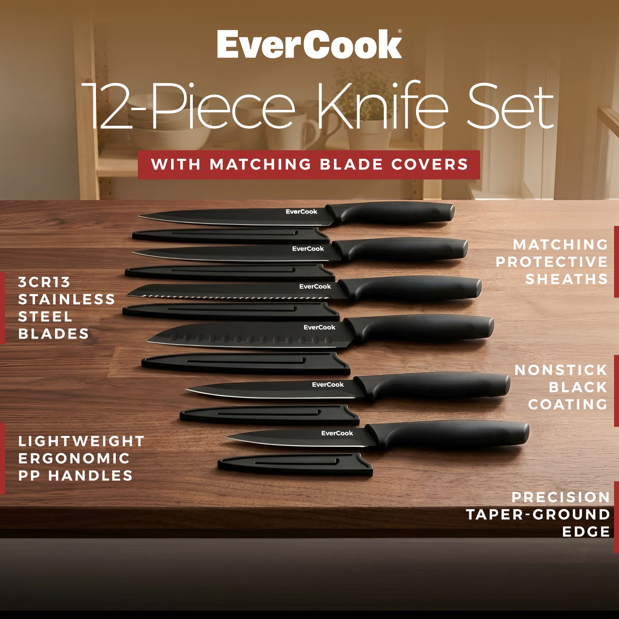 EverCook 12-Piece Kitchen Knife Set with Blade Sheaths, Stainless Steel, Black - VMInnovations