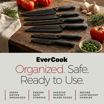 EverCook 12-Piece Kitchen Knife Set with Blade Sheaths, Stainless Steel, Black - VMInnovations