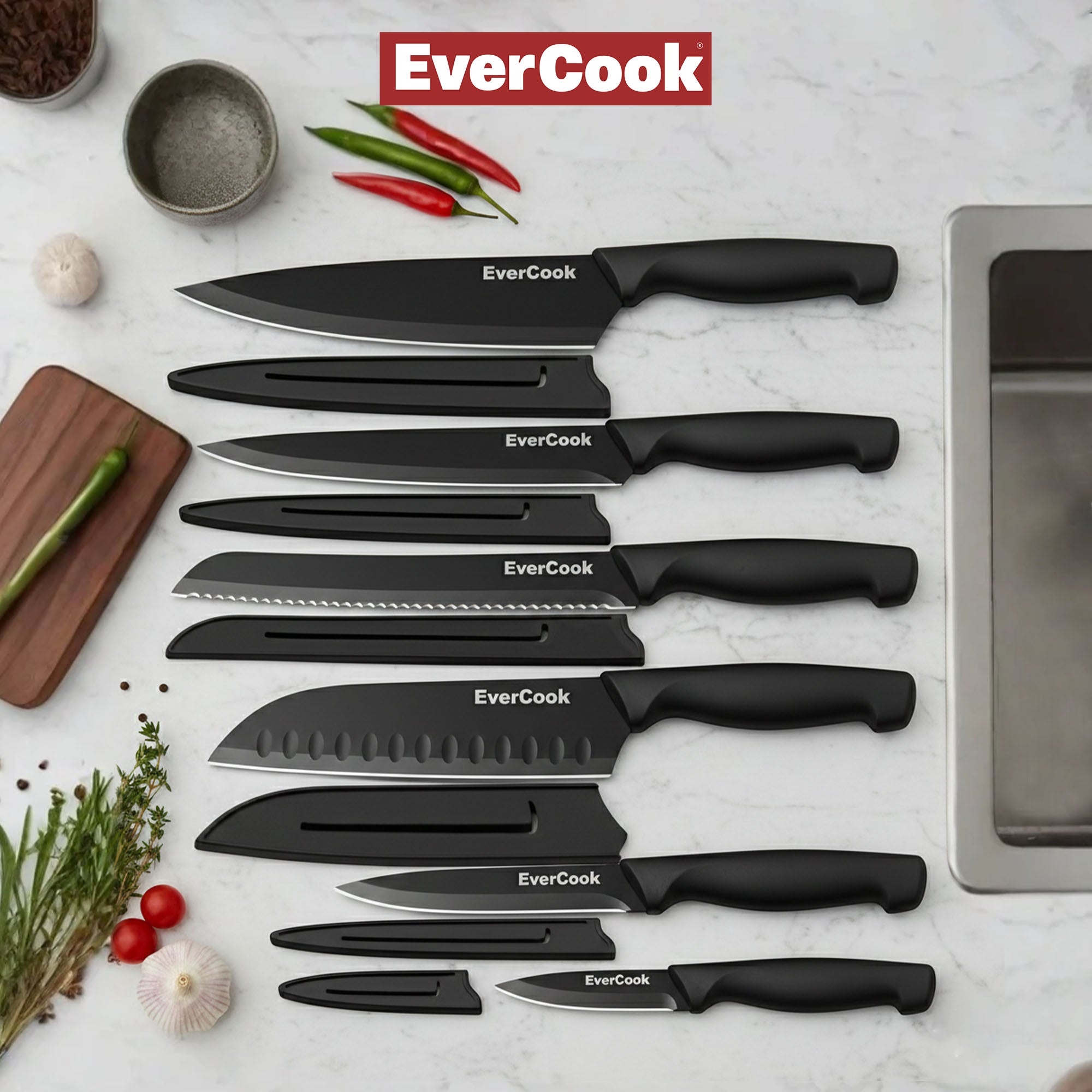 EverCook 12-Piece Kitchen Knife Set with Blade Sheaths, Stainless Steel, Black - VMInnovations