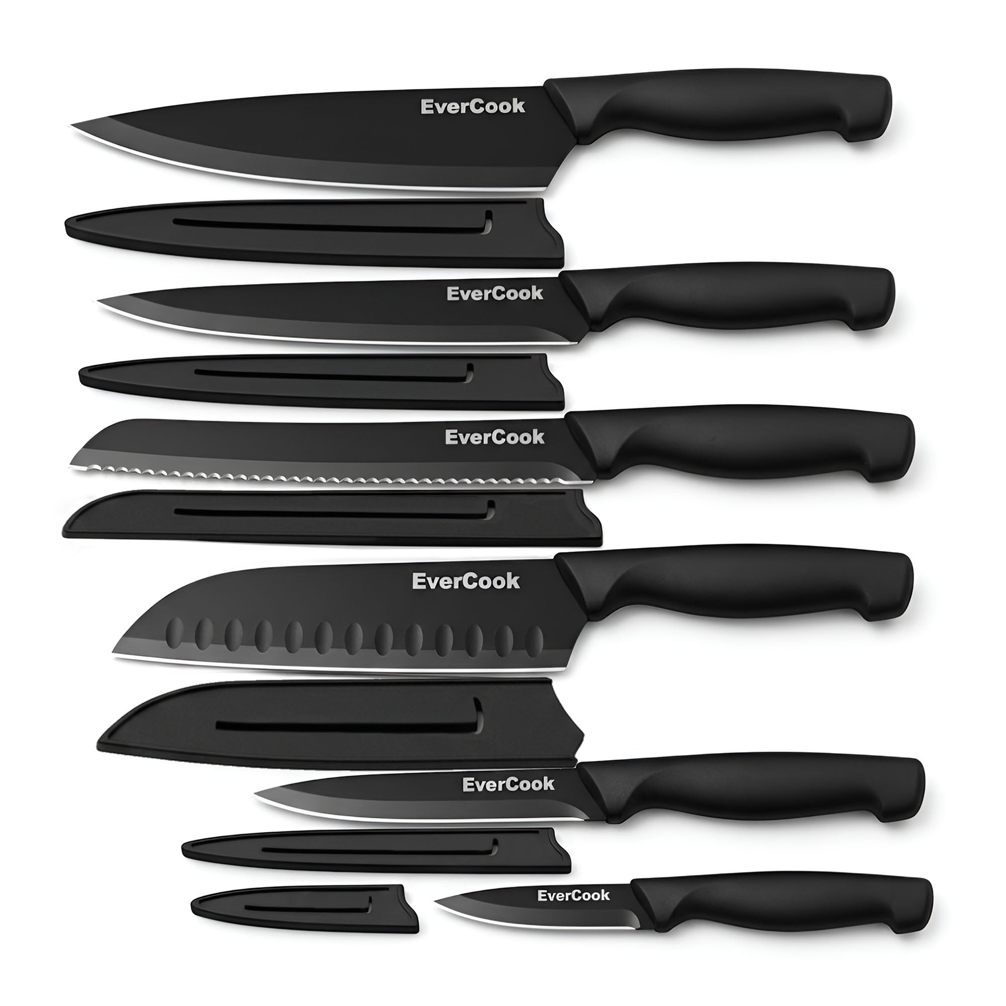 EverCook 12-Piece Kitchen Knife Set with Blade Sheaths, Stainless Steel, Black - VMInnovations