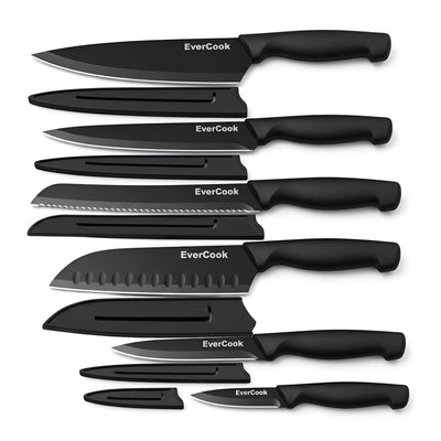 EverCook 12-Piece Kitchen Knife Set with Blade Sheaths, Stainless Steel, Black - VMInnovations