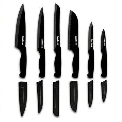 EverCook 12-Piece Kitchen Knife Set with Blade Sheaths, Stainless Steel, Black - VMInnovations