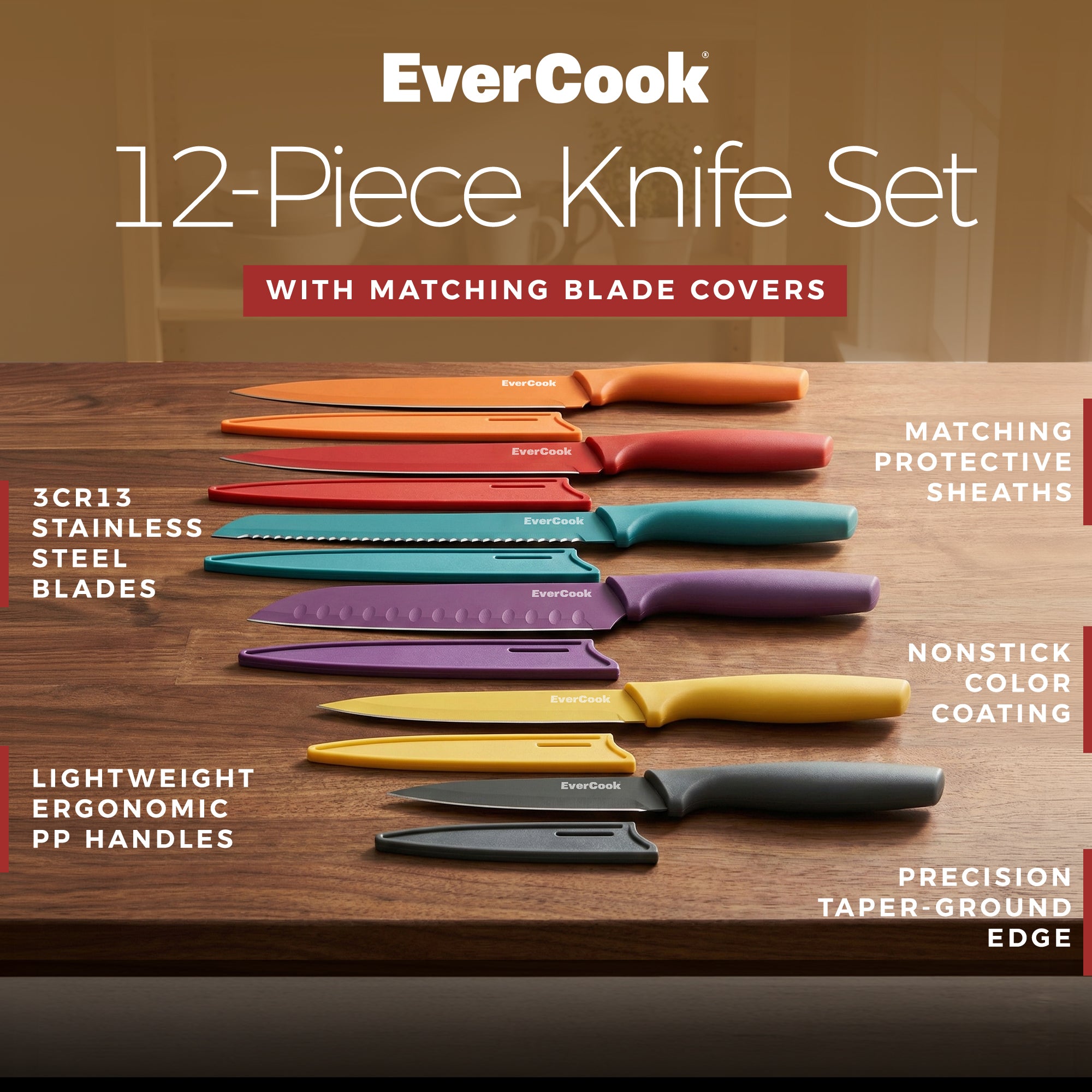 EverCook 12-Piece Kitchen Knife Set with Blade Sheaths, Stainless Steel, Multi